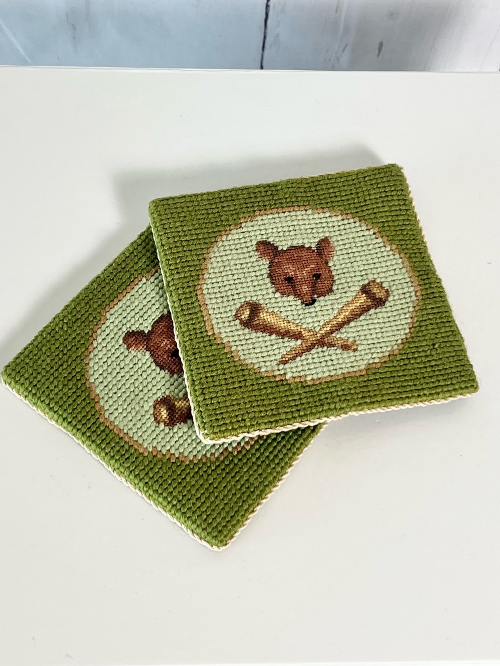 Vintage Style Needlepoint Coasters Pair Bear Crest Crossed Torches Preppy Camp